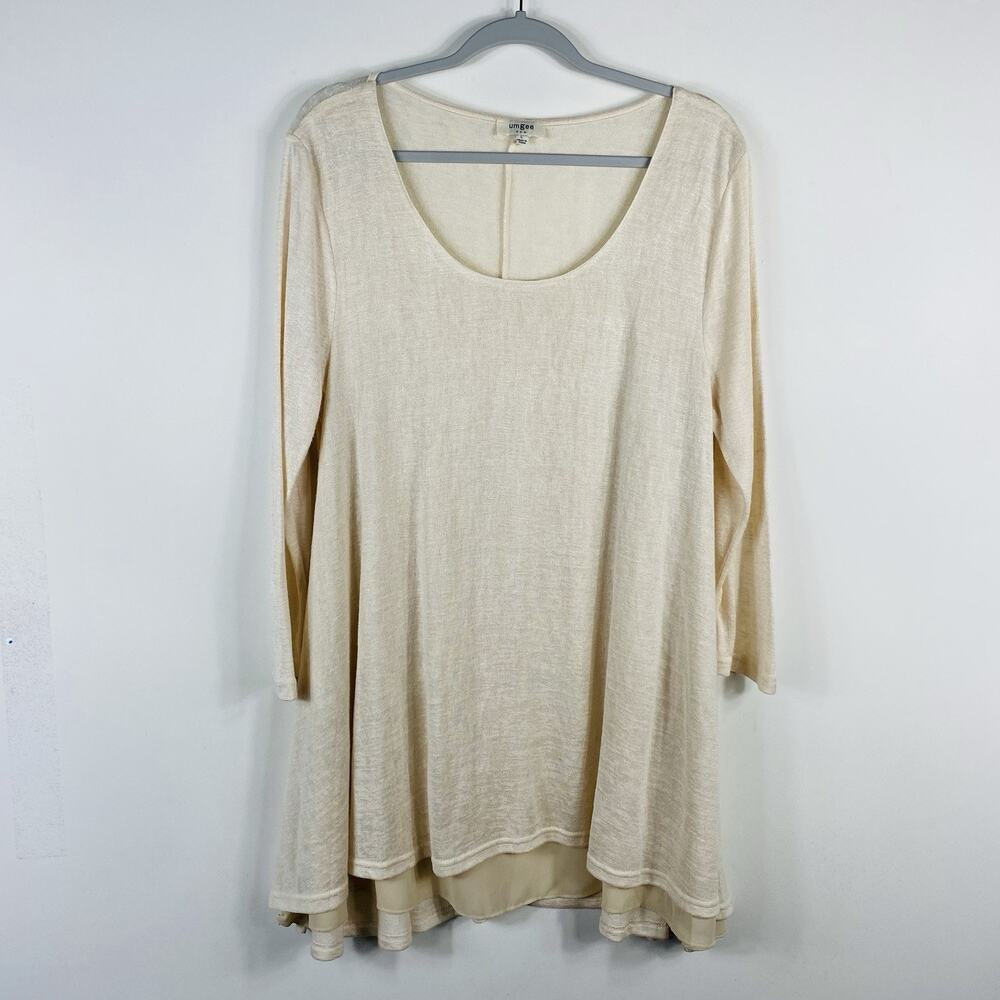 Umgee Tunic Top Large Tan Layered 3/4 Sleeve Cotton Blend